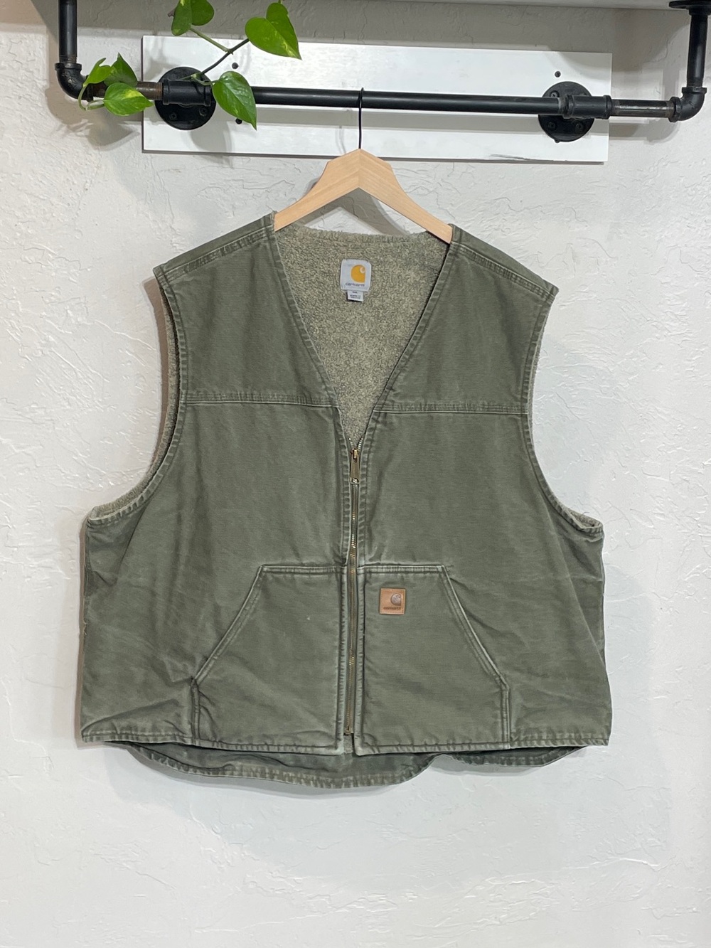 Vintage Carhartt Men's Green Olive Grey Sherpa Lined Full Zip Workwear Vest